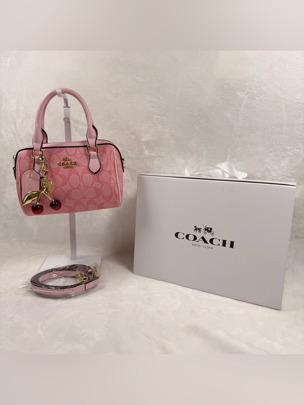 Coach Pink Mini Bag with Cherry Charm and Strap with box